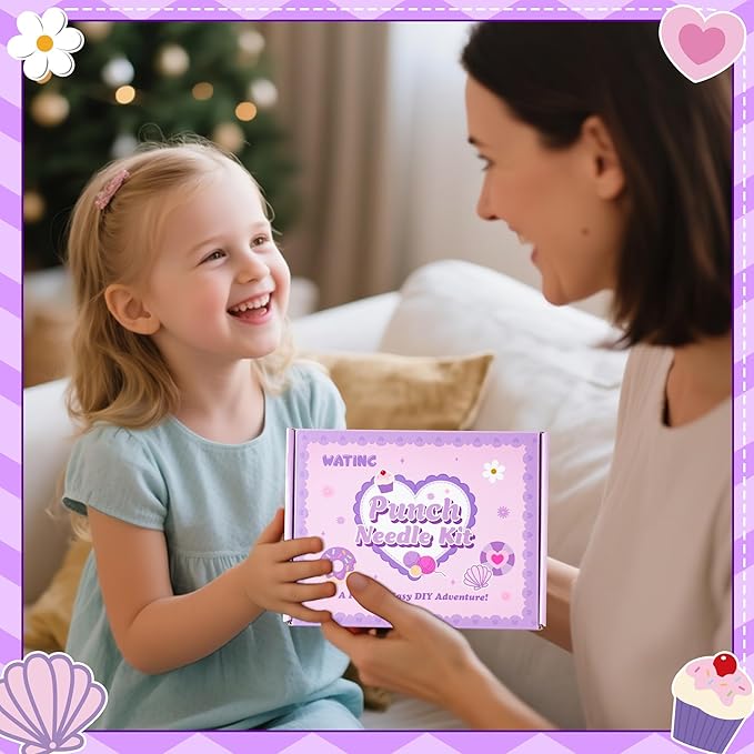 WATINC Christmas Punch Needle Coaster Kits - 23Pcs Easy Art Work Decor Craft Supply for Beginners, DIY Set of 6 Pattern Tufted Pads with Adhesive Felt Yarns Tools Instruction Customized Boxes (Purple)