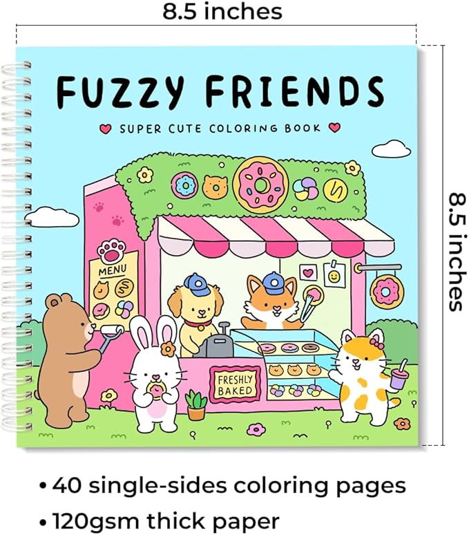 Fuzzy Friends Coloring Book with 2 Sets of Miniature Sticker Scenes for Adults & Teens
