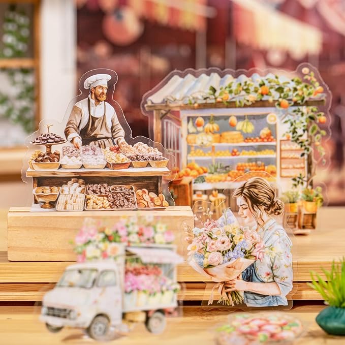 TIAMECH Bazaar PET Stickers - 80 Pcs Fruit Stand Food Street & Flower Vegetable Market Design, Waterproof Sticker for Journaling & Scrapbooking, Junk Journal Supplies, Ephemera & DIY Crafts