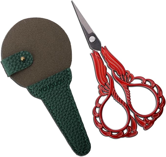 Small Embroidery Scissors Sewing Crafting Scissor Sharp Tip Shears for Needlework Threading Craft Artwork DIY Tools, 4.3in Vintage Red Scissors W/Sheath