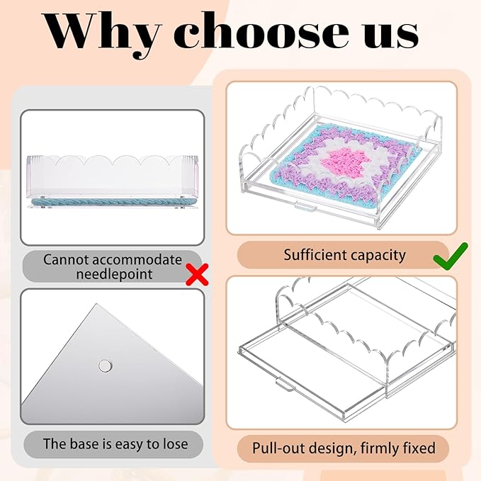 1 Pcs Acrylic Scalloped Tray Large Clear Acrylic Tray with Drawer for Insert Customizable Photos, Art, and Fabric Scalloped Basket for Needlepoint Napkin Frame Display Messages (10" X 10")