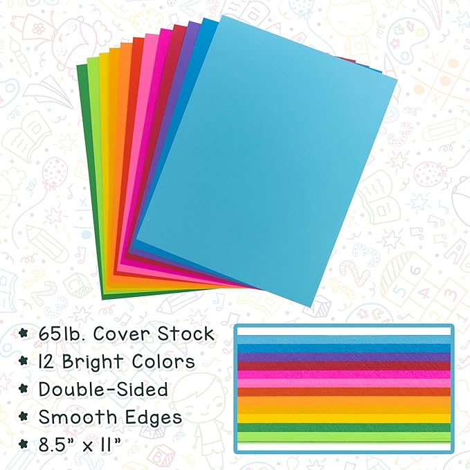 Hygloss Bright Colored Cardstock - 8.5x11-Inch, 12 Assorted Colors, 144 Sheets, 65 lb/ 176 gsm, Fade-Resistant, Acid-Free Color Card Stock Paper