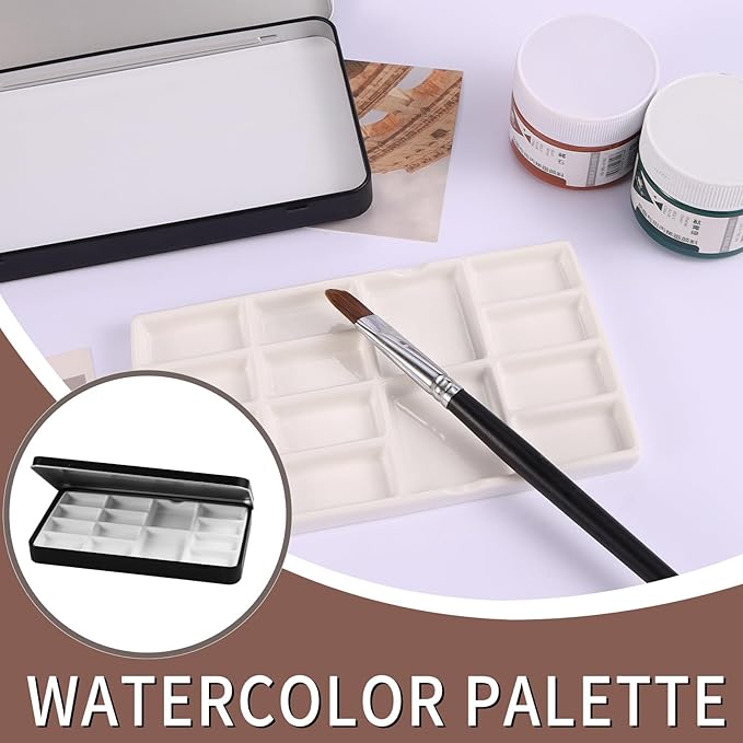 Travel Watercolor Palette,Portable Ceramic Palette with 14 Well,Metal Paint Box with Porcelain Palette(Blak Box)