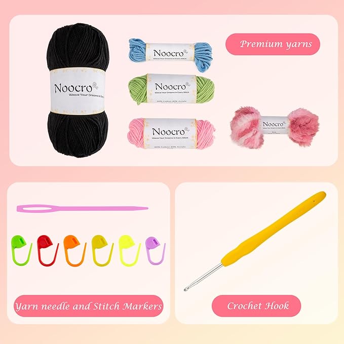 Noocro Crochet Kit for Beginners or Intermediate Level, Fuzzy Granny Square Bucket Hat, Step by Step Video Tutorial, Detailed Instruction Complete Kit Craft Supplies Holiday Gift (Black Pink)