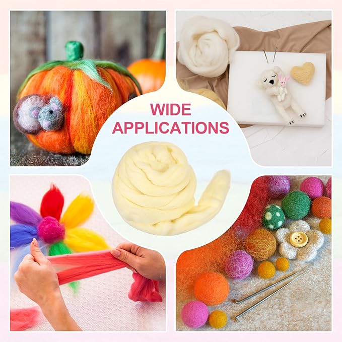 MECCANIXITY Wool Roving Yarn Soft Felting Wool 50g/1.76oz Pure Chunky Roving Yarn for Needle Felting Knitting Blanket Spinning Weaving Art DIY Craft Beige