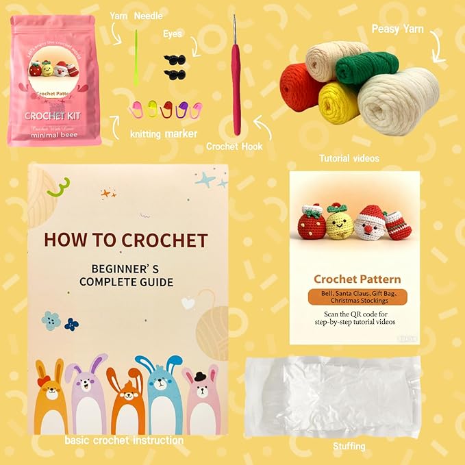 minimal beee Beginner Crochet Kit for Christmas– 4-Piece Santa & Stockings Set with Easy Peasy Yarn, Ergonomic Crochet Hooks, Video Tutorials, DIY Holiday Decor for Adults