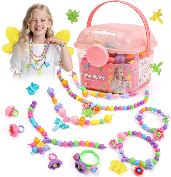 BIRANCO. Deluxe Beading Set with 350+ Pop Beads Include Butterfly, Bee, Dragonfly with Transparent Wings, and Ladybug Jewelry Making Kit for Kids Ages 3-8