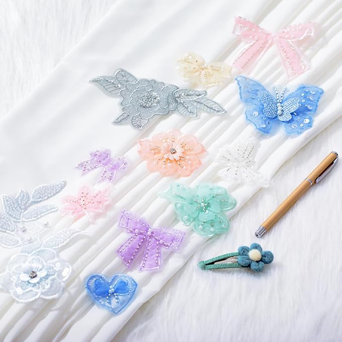 12 Pieces 3D Flower Lace Embroidery Butterflies Appliques Pearl Patches for Repairing and Decorating, Sewing Craft Clothing Jeans Jackets Bags (Light Blue)