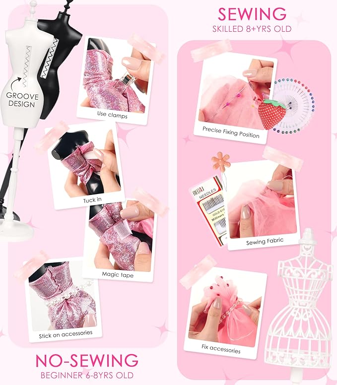 YEETIN Fashion Designer Kit for Girls – DIY Sewing & Arts Craft Kit with 5 Mannequins, Doll Clothes Making Set, Learn to Sew, Creative Gift for Girls Ages 6-12