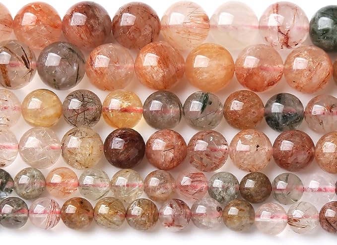 10MM 36PCS Natural Crystal Stone Colorful Rutilated Quartz Beads for Jewelry Making DIY Bracelet