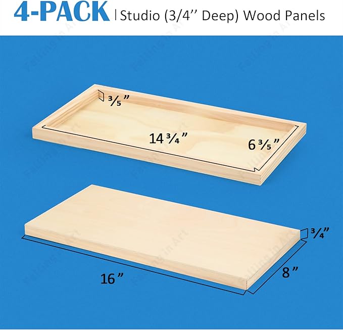 Falling in Art Unfinished Birch Wood Panels Kit for Painting, Wooden Canvas 4 Pack of 8x16’’ Studio 3/4’’ Deep, Cradle Boards for Pouring, Art, Crafts, Burning and More