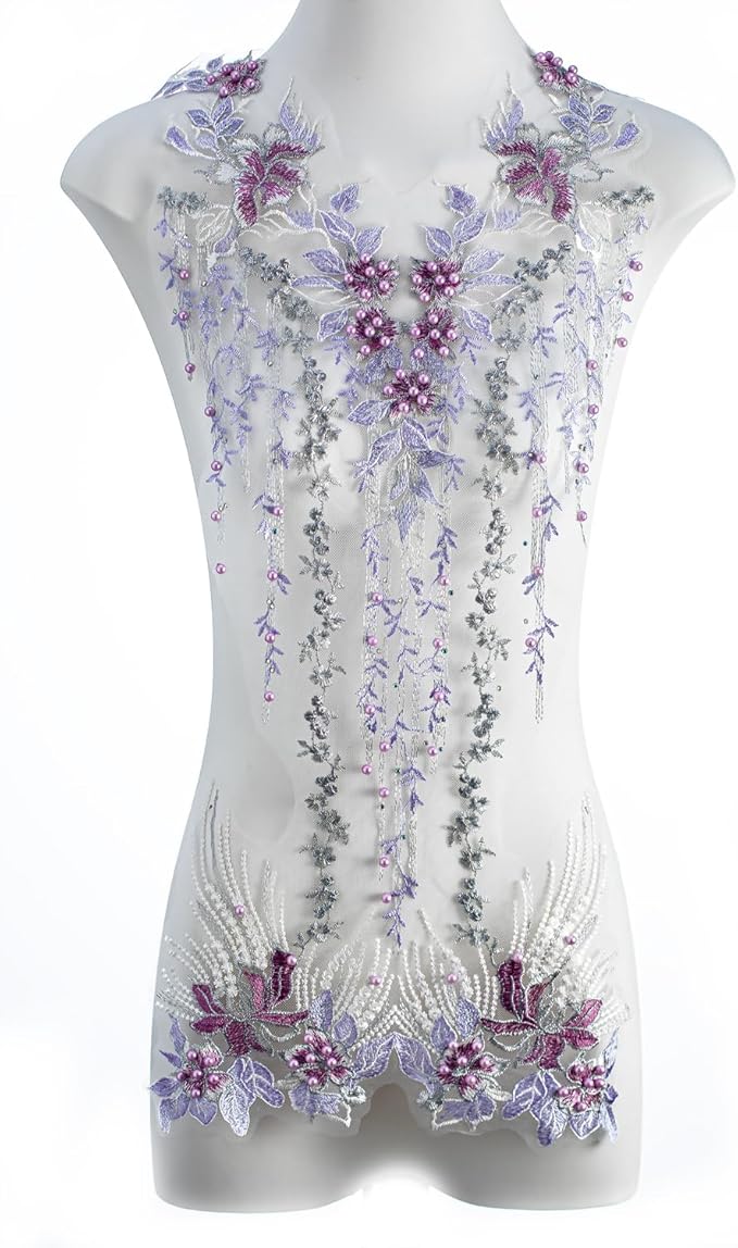 Beaded Pearl Flower Fabric Lace Applique, Floral Embroidered Patches Handmade Sewing Tool for DIY Neckline Bodice Wedding Bridal Prom Dress(Purple-Large)