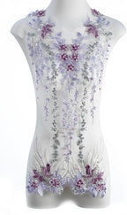 Beaded Pearl Flower Fabric Lace Applique, Floral Embroidered Patches Handmade Sewing Tool for DIY Neckline Bodice Wedding Bridal Prom Dress(Purple-Large)