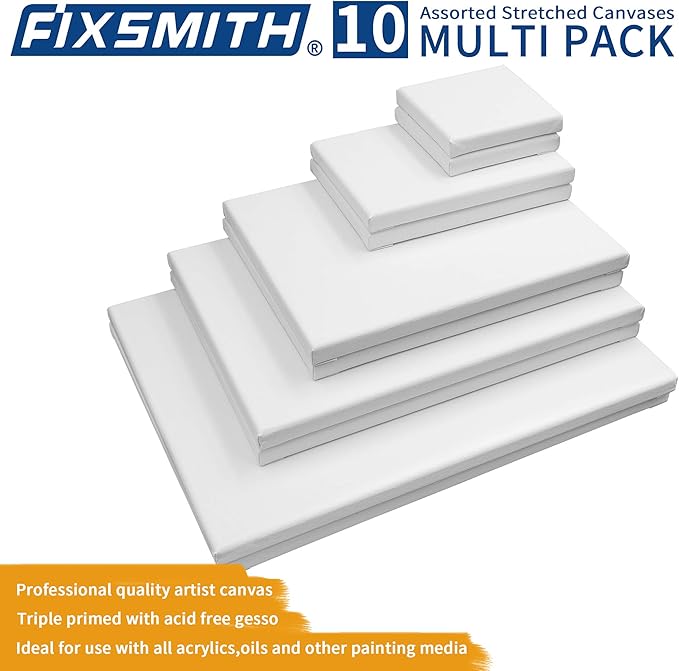 FIXSMITH Stretched Canvas for Painting- 10 Pack Multisize 4x4,5x7,8x10,9x12,11x14 (2 of Each),100% Cotton,Primed,for Acrylic,Oil,Other Wet or Dry Art Media,for Artists,Kids,Beginners and More.