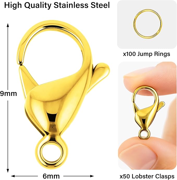 Mandala Crafts 9mm Gold Color Stainless Steel Lobster Clasps for Jewelry Making - 50 PCs SS Lobster Claw Clasps with Jump Rings Jewelry Findings Kit for Necklaces Bracelets Charms Fasteners