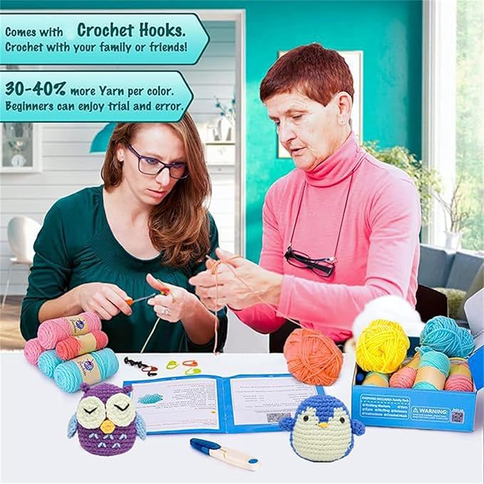 HKEUZEZO Beginners Crochet Kit Animal Knitting Set, 3 Pattern-Owl Penguin Frog Crochet Yarn with Step-by-Step Video Tutorials, Learn to Crochet Kits for Kids Adult