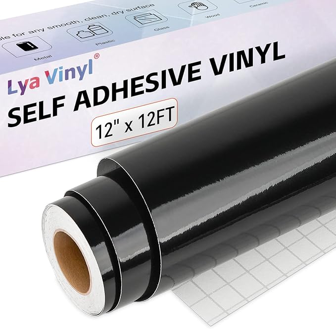 Glossy Black Permanent Vinyl, 12" x 12 FT Vinyl for Cutting Machine - Lya Vinyl Glossy Black Adhesive Roll for Mug, Cup, Window & Home Decal
