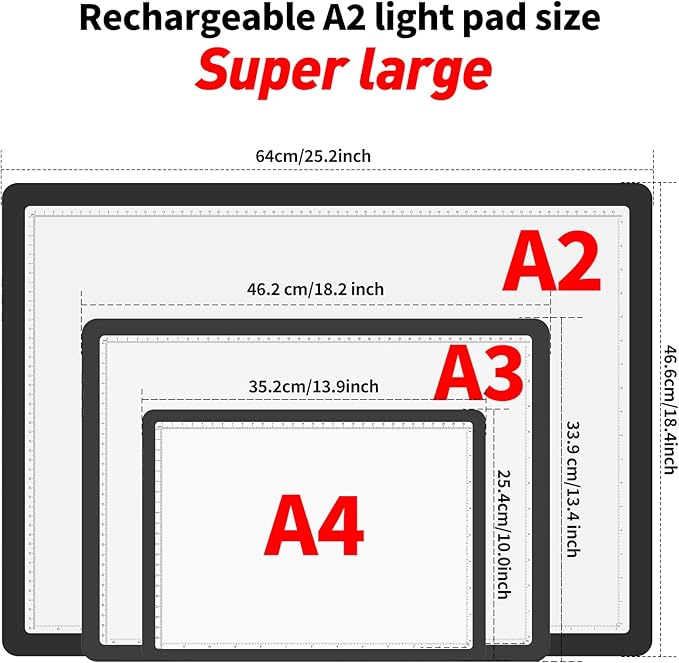 TOHETO Rechargeable Magnetic A2 Light Board 25.2''x18.4'', Large Diamond Painting Light Pad with Side Buttons, 3 Light Colors Light Box for Tracing and Drawing, Dimming LED Light Table for Sketching