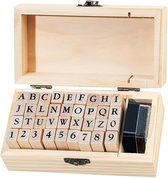 36Pcs Wooden Rubber Stamps Number Letter Alphabet Stamps Mini Cute DIY Stamps Set for Craft Decorating Scrapbooking and Wedding Invitation Cards (36pcs A)