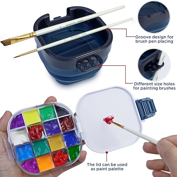 DUGATO Airtight Watercolor Palette Box (16-Well) with Lid & Collapsible Brush Basin - Portable Paint Saver for Acrylic, Gouache, Oil - Travel Art Supplies (Blue)
