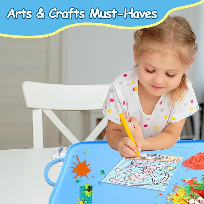 Silicone Painting Station Mat for Kids, Large Silicone Craft Mat with Handle, Silicone Art Mat with Raised Edges for Painting, Jewelry-Making and Crafts Creation, 26x16in, Blue