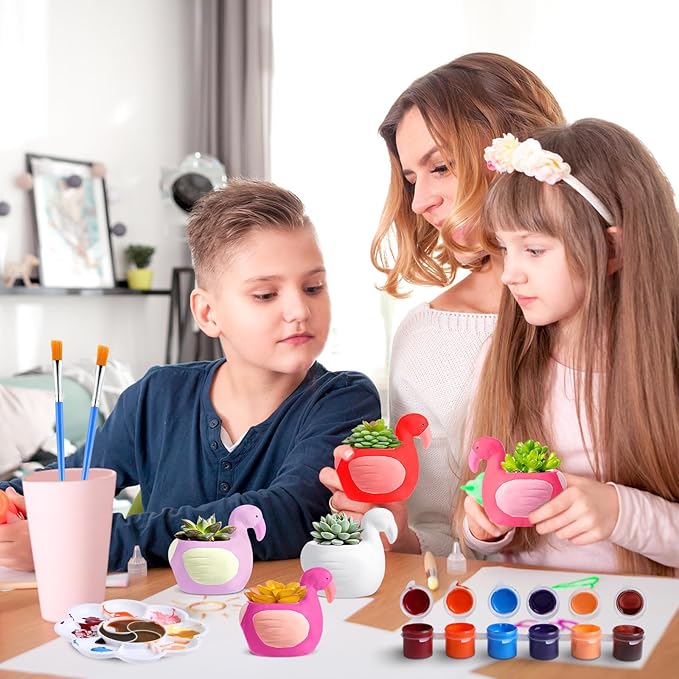 Pasimy 6 Set DIY Ceramic Succulent Planter Pots Paint Your Own Flower Pots Craft Kit Unpainted Bisque Paintable Flowerpot with Brush Palette Ready to Paint for Family Activity Gift (Flamingo)