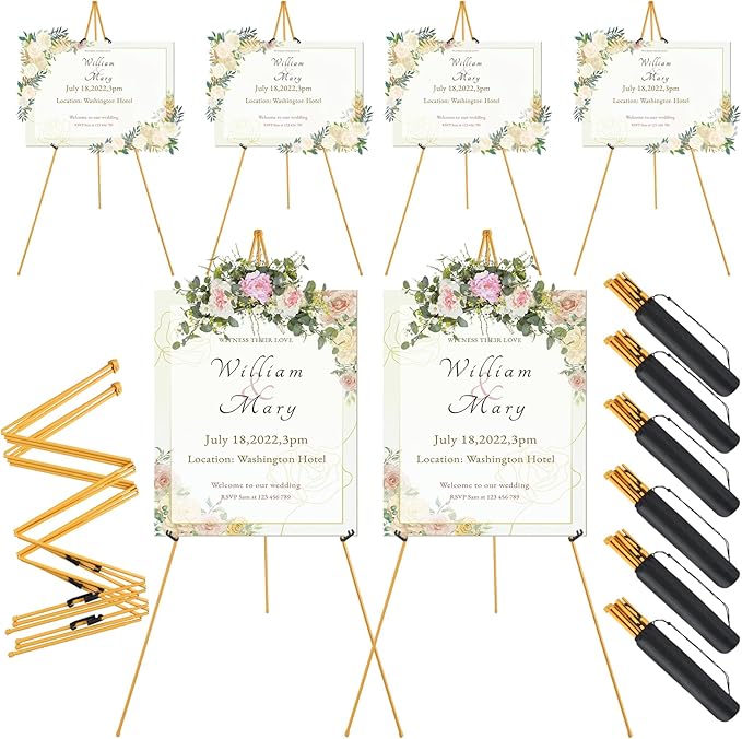 6 Pack Easel Stand for Wedding Sign & Poster 63" Foldable and Adjustable Floor Metal Easels for Display Painting Arts,with Portable Bag,Gold