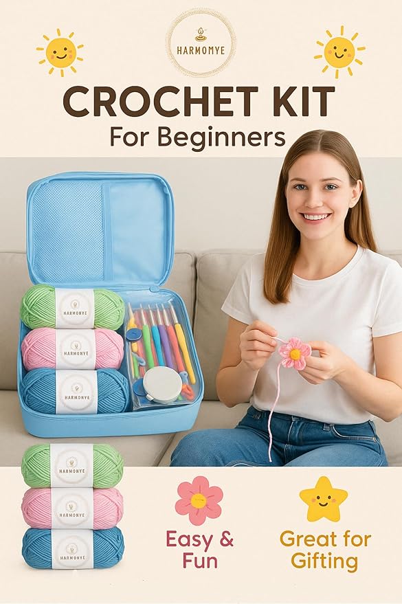 Crochet Kit for Beginners – Crochet Starter Set with Yarn, Hooks, Stitch Markers and Accessories, Learn to Crochet Kit for Adults, Kids, Beginners