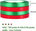DECYOOL Christmas Ribbons, 4 Rolls 100 Yards 10mm Wide Holiday Satin Ribbons for Gift Wrapping and DIY Craft Christmas Party Home Decorations, Red & Green