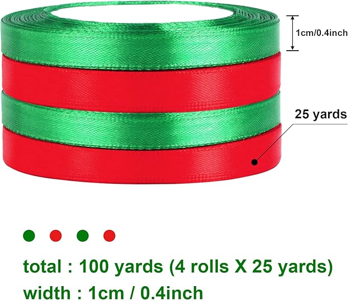 DECYOOL Christmas Ribbons, 4 Rolls 100 Yards 10mm Wide Holiday Satin Ribbons for Gift Wrapping and DIY Craft Christmas Party Home Decorations, Red & Green