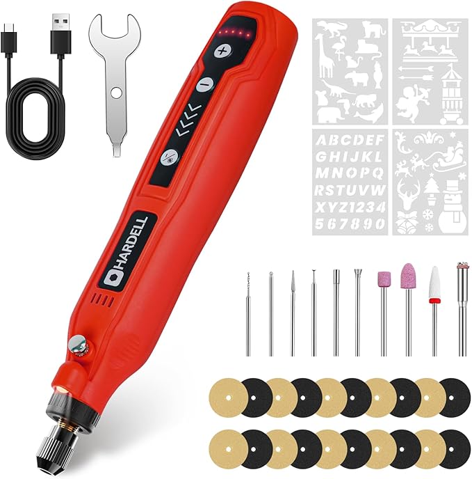 HARDELL Engraving Pen, 5 Speed Rechargeable Engraver Pen - Electric Cordless Engraving Tool for 60+ Surfaces - Beginner Friendly with 37 Accessories, Ultimate Engraving Pen Kit for Artists & DIYers