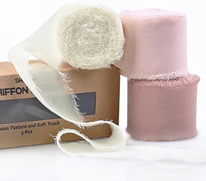 3 Rolls Cream Pink Handmade Fringe Chiffon Ribbon 1.5 Inch x 7 Yard Silk-Like Colorful Rustic Ribbon for Bouquets Wrapping Decor Wedding Invitation Accessories