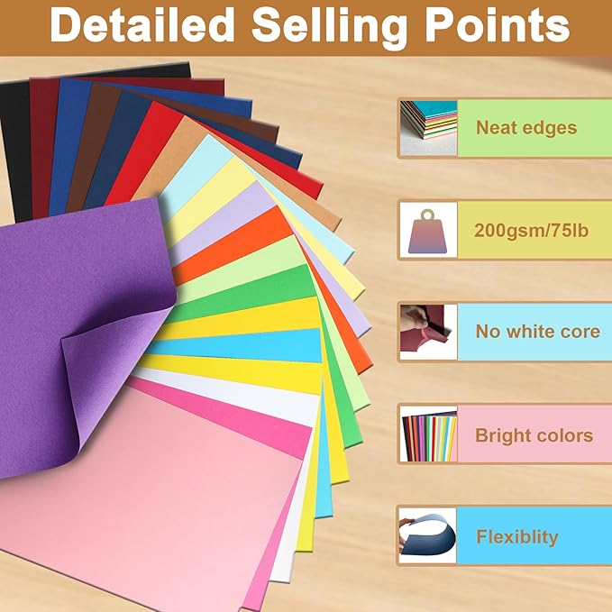 100 Sheets 20 Assorted Colors Cardstock Scrapbooking Paper, 92lb Heavyweight Card Stock A4 Colored Paper for Birthday Decorations, Cards Making, Greeting Cards, Wedding Invitations
