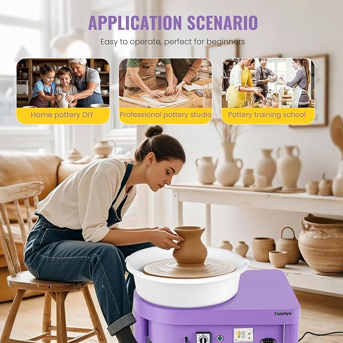 Huanyu Pottery Wheel Machine with 12" Bat System Foot Pedal Control Multiple Art DIY Sculpting Tool Kit Ceramic Wheel Clay Machine for Adult (Purple)