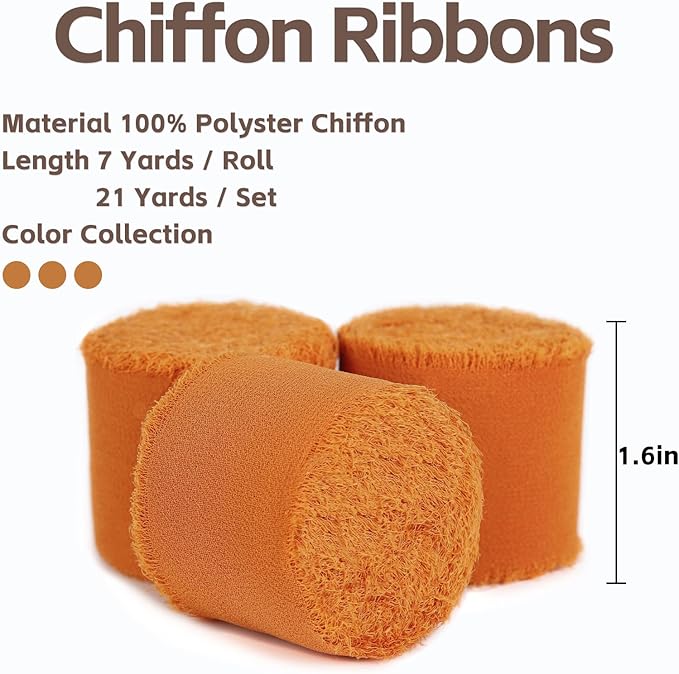 3 Rolls Orange Handmade Fringe Chiffon Ribbon 1.5" x 7Yd Yard Silk-Like Colorful Rustic Ribbon for Bouquets Wrapping Decor Wedding Tie Invitations Crafts