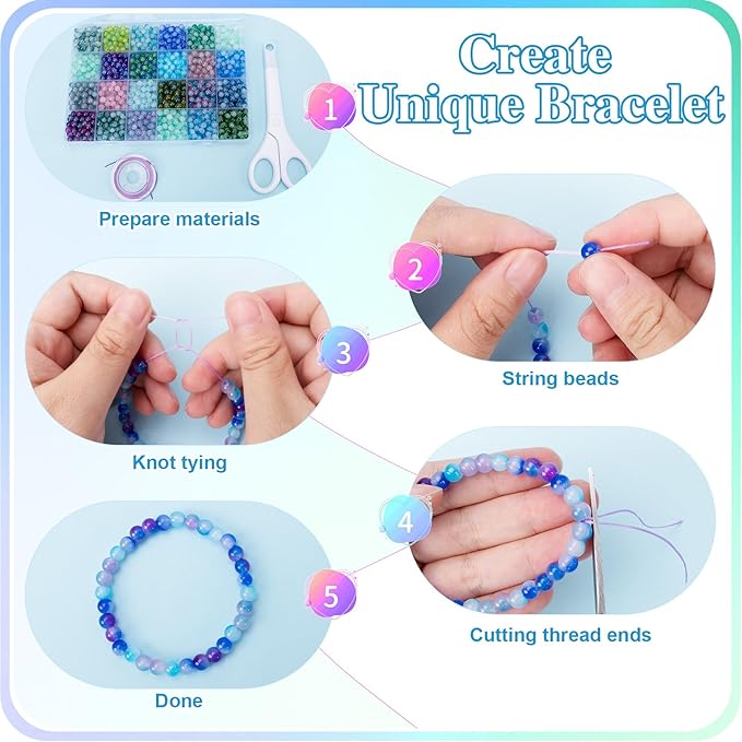 XSEINO About 1200+ pcs 6mm Glass Beads Bracelet Making Kit, 24 Assorted Blue Bi-Color Fusion Series Crystal Beads for Jewelry Making, DIY Crafts, Friendship Bracelets