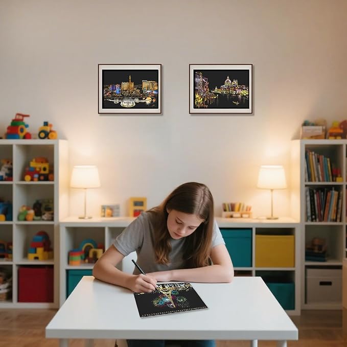 Scratch Art Book(A4-10Page) for Adults & Teens – ASMR Stress-Relieving Scratch Off Art | Paint by Scratch Kit Set | Travel Landmarks & Engraving Art | Creative Gift for Adults (Colorful City Series A)