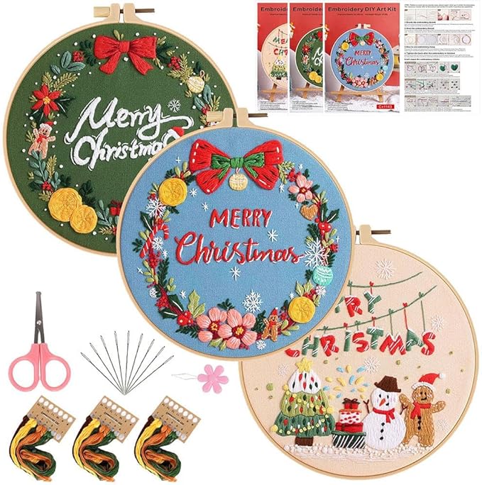 Konrisa Embroidery Kits Merry Christmas Pattern Embroidery Starter Kits for Adults Beginner DIY Sewing Needlepoint Cross Stitch Practice Kit Christmas Home Decoration Handmade Gifts
