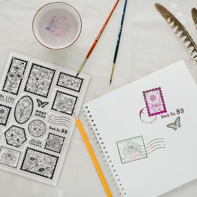 GLOBLELAND Vintage Flower Stamp Clear Stamps for DIY Scrapbooking Butterfly Postmark Silicone Stamp Seals Transparent Stamps for Cards Making Photo Album Journal Home Decoration 8.27×5.83inch