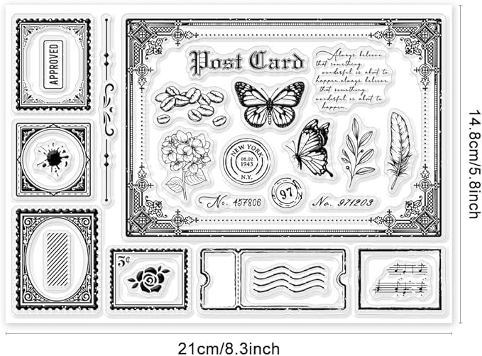 GLOBLELAND Vintage Postcard Clear Stamps Retro Postcard 5.83x8.27inch Decorative Clear Stamps Silicone Stamps for Card Making and Photo Album Decor Decoration and DIY Scrapbooking