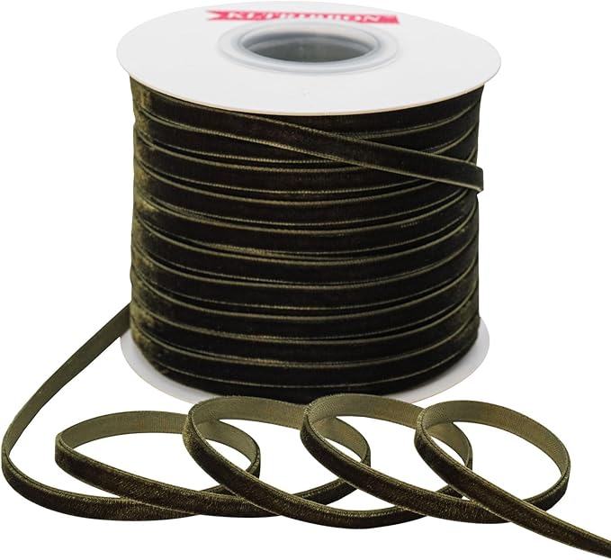 Nylon Velvet Ribbon Single Faced,1/4 Inch X 50Yards Spool (Moss Green)