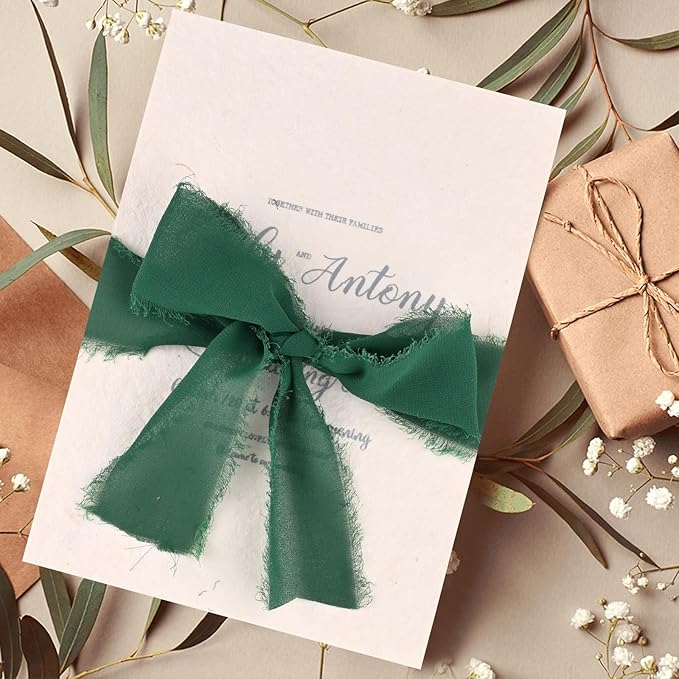 3 Rolls Bright Green Handmade Fringe Chiffon Ribbon 1.5" x 7Yd Silk-Like Colorful Rustic Ribbon for Bouquets Wrapping Decor Wedding Tie Invitations Crafts