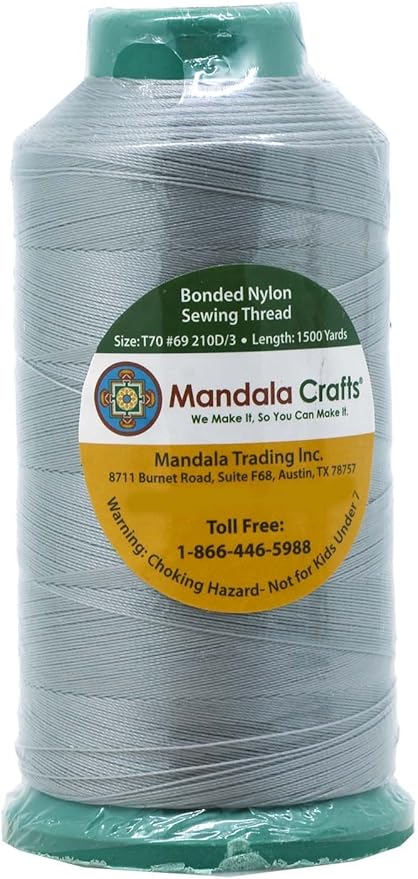 Mandala Crafts Bonded Nylon Thread Gray Heavy Duty Sewing Threads - 1500 YDs Size 69 210D T70 Tex 70 Thread for Leather Jeans Weaving Outdoor Marine Upholstery Threads