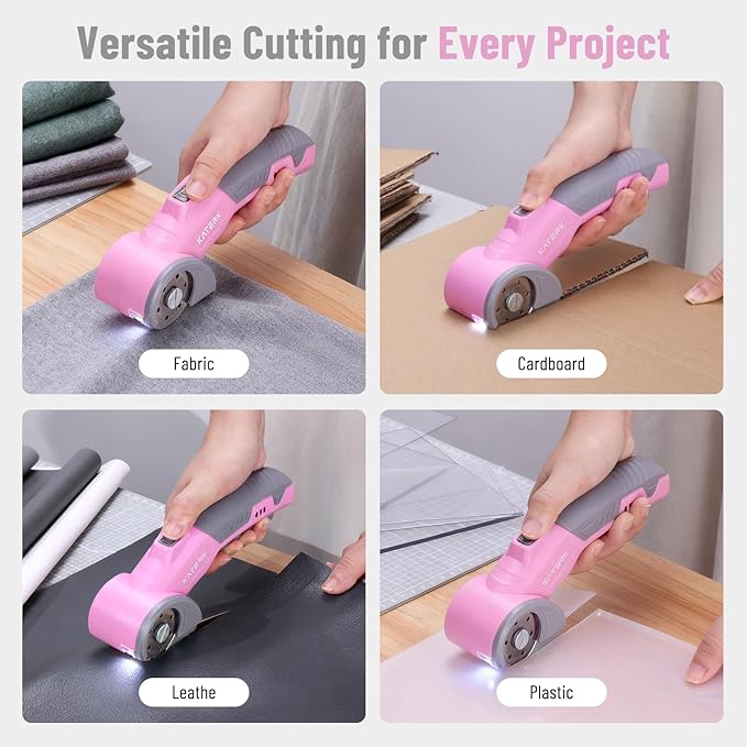 Katerk Cordless Electric Scissors with Safety Lock & LED Light, Pocket-sized Box Carpet Cardboard Cutters Tool, Ambidextrous Use, Rotary Cutter for Fabric, Leather, Plastic, Crafting, Industrial