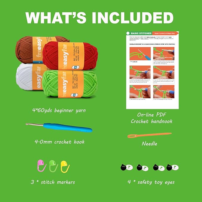 4x50g Beginner Easy Yarn for Crocheting and Knitting; Worsted-Weight Medium #4;Crocheting and Knitting kit with Tool Set (Red+Green+Latte+White, 4 Skein)