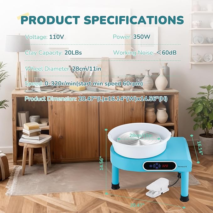 Bonoutil Pottery Wheel Machine, 11" Electric Ceramic Forming Machine LCD & Foot Pedal Control Max 20 lbs Capacity, Clay Art Sculpting Tools Kit at Home Pottery Wheels