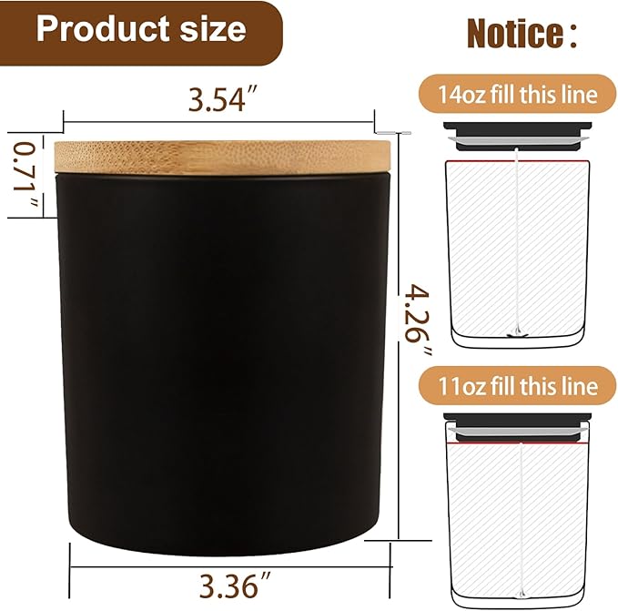 CONNOO 8 Pack 14 OZ Empty Black Glass Candle Jars for Making Candles with Bamboo Lids and Sticky Labels, Bulk Candle Jars for Making Candles - Spice, Powder Containers.
