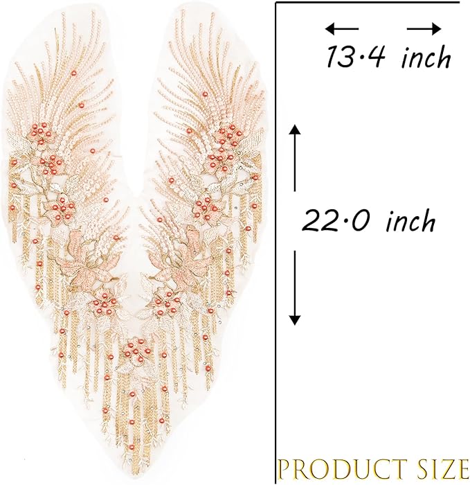 Beaded Pearl Flower Fabric Lace Applique, Floral Embroidered Patches Handmade Sewing Tool for DIY Neckline Bodice Wedding Bridal Prom Dress(Apricot-Small)