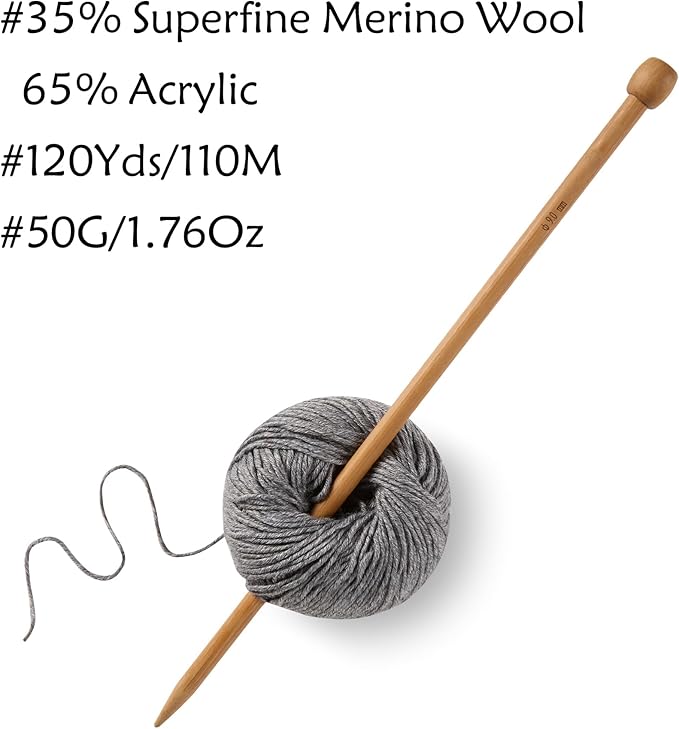 2 Balls Merino Wool Yarn, 12-Ply Luxurious and Soft Yarn for Hand Knitting & Crocheting, 1.76 OZ/50g, 120 yds/110 Meters(Dark Gray,2Balls)