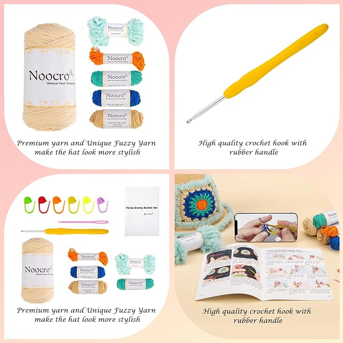 Noocro Crochet Kit for Beginners or Intermediate Level, Fuzzy Granny Square Bucket Hat, Step by Step Video Tutorial, Detailed Instruction Complete Kit Craft Supplies Holiday Gift (Ocean Blue)